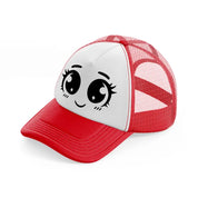 happy blushy face red and white trucker hat