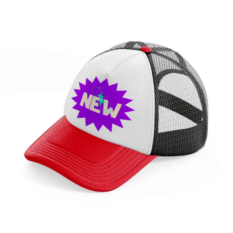 new red and black trucker hat