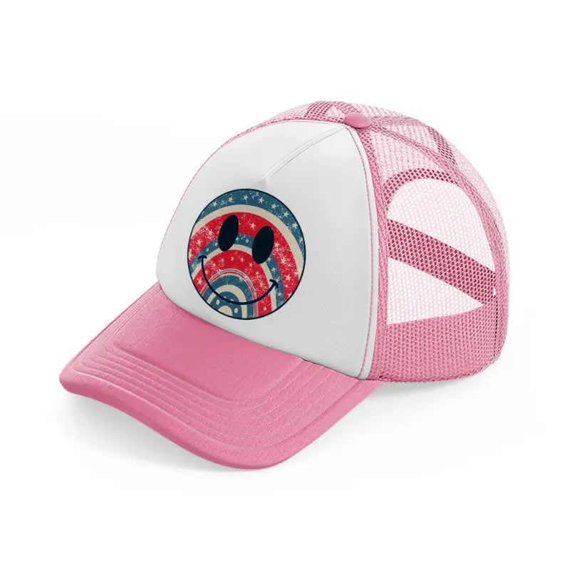 usa themed happy face-pink-and-white-trucker-hat