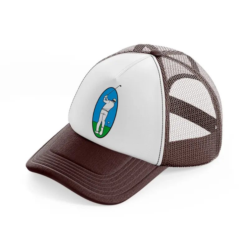 golfer taking shot-brown-trucker-hat