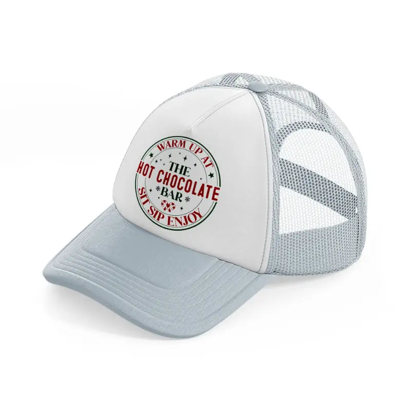 warm up at the hot chocolate bar sit sip enjoy grey trucker hat