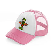 frog holding surf board-pink-and-white-trucker-hat