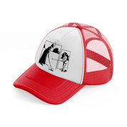 golfer b&w.-red-and-white-trucker-hat