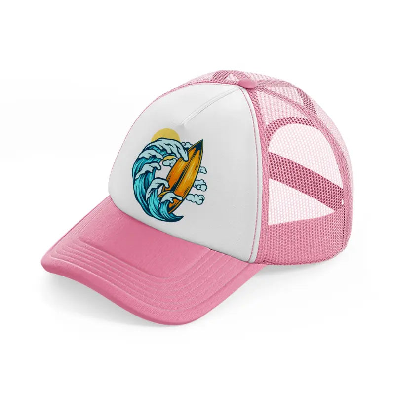 surfboard and summer waves pink and white trucker hat