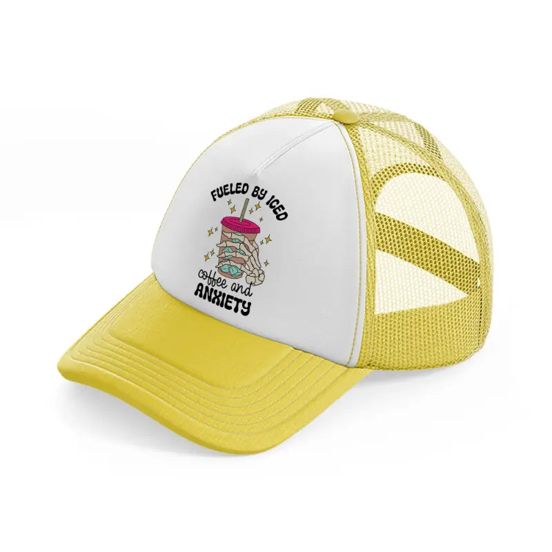 fueled by iced coffee and anxiety-yellow-trucker-hat