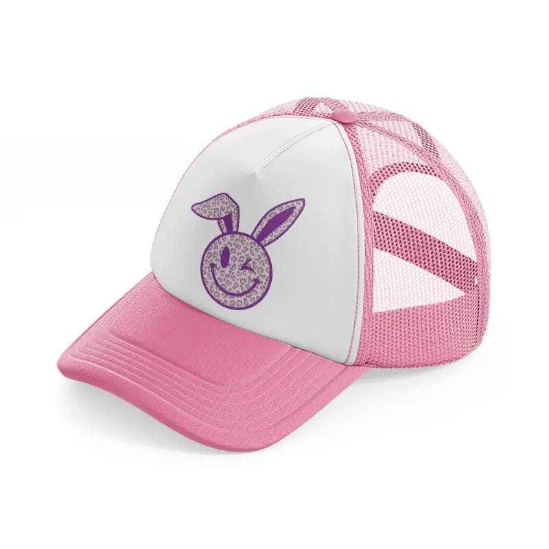 smiley bunny leopard print-pink-and-white-trucker-hat