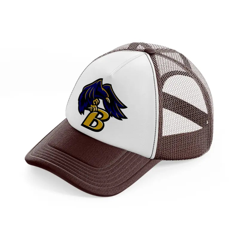 b emblem-brown-trucker-hat