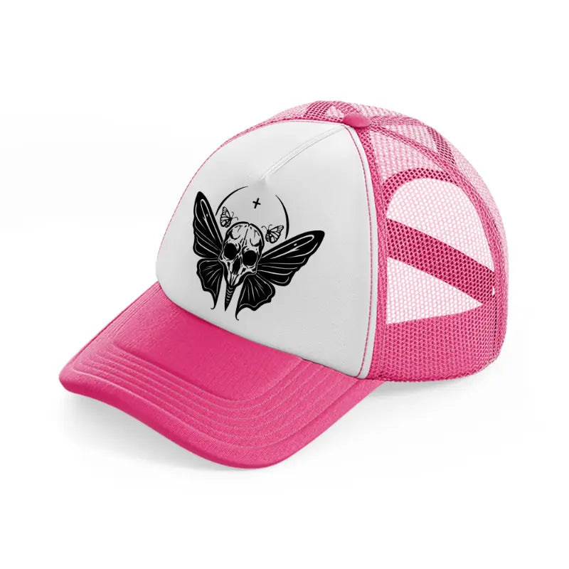 butterfly & skull-neon-pink-trucker-hat