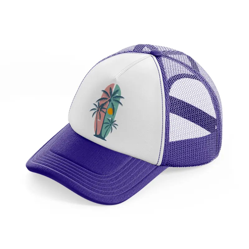 summer palm tree soft color surfing sunset-purple-trucker-hat