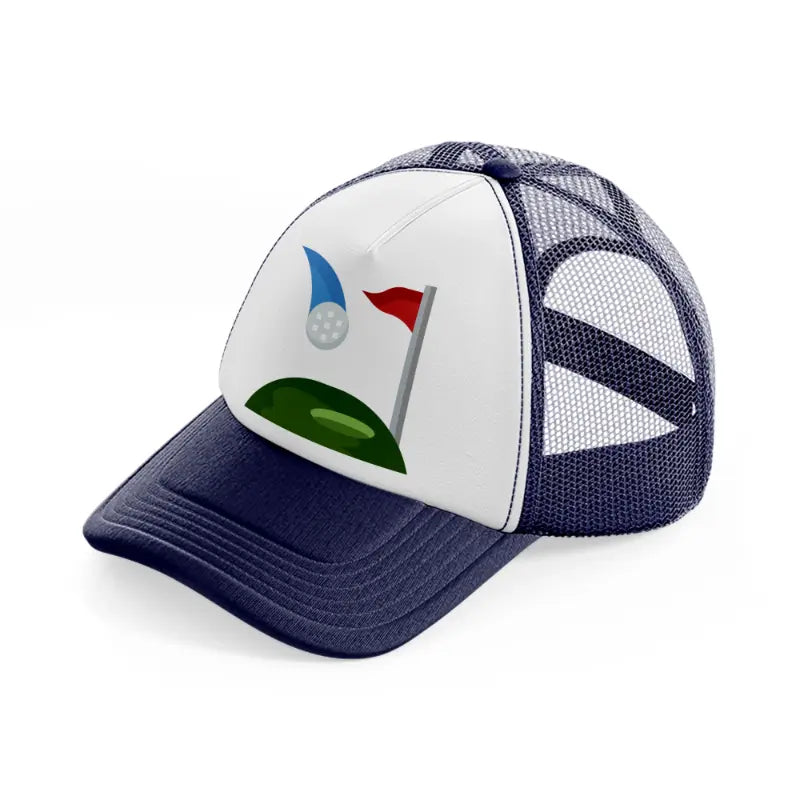 golfing cartoon navy blue and white trucker hat