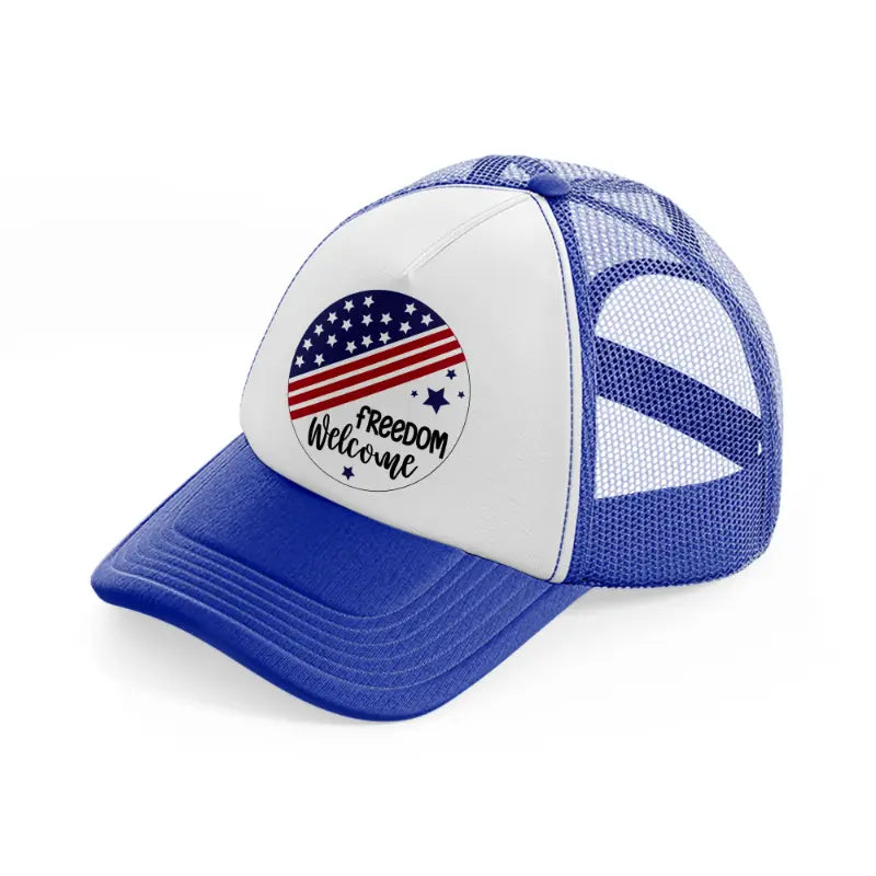 freedom  welcome-01-blue-and-white-trucker-hat
