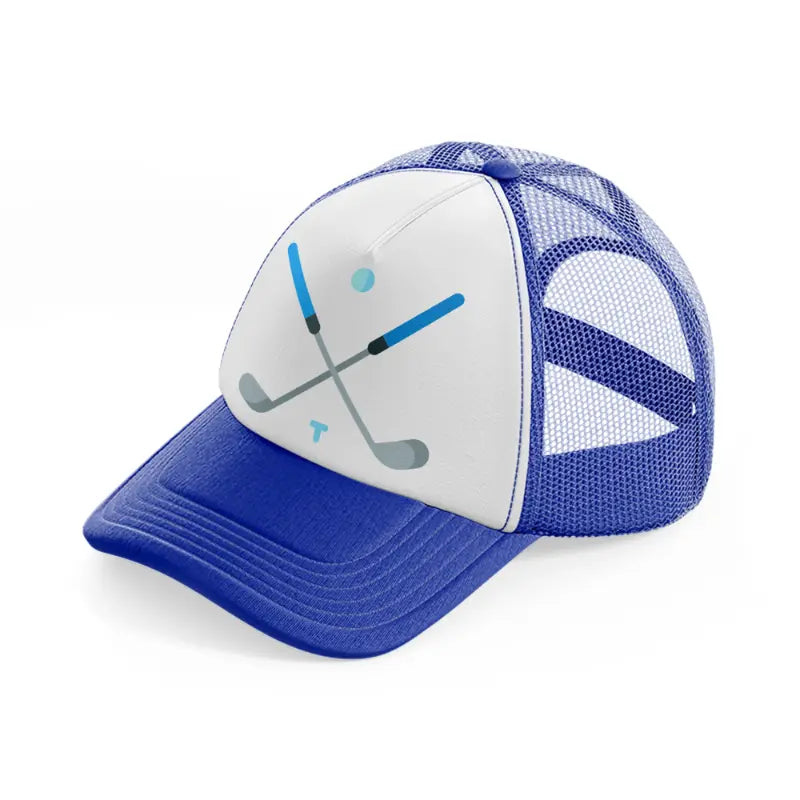 golf sticks. blue and white trucker hat