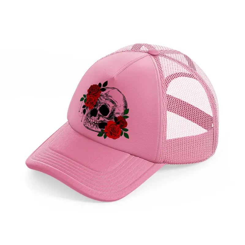 skull & roses pink trucker hat