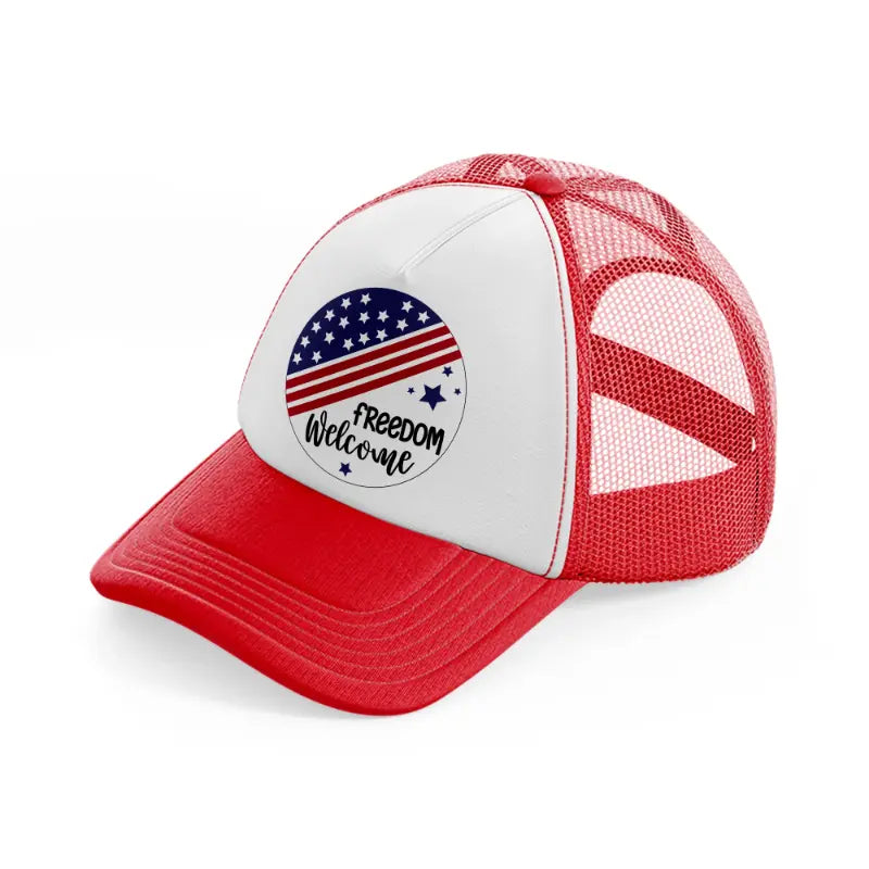freedom  welcome-01-red-and-white-trucker-hat