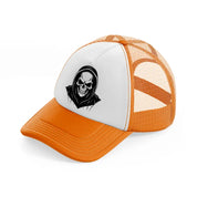 black hoodied skull-orange-trucker-hat