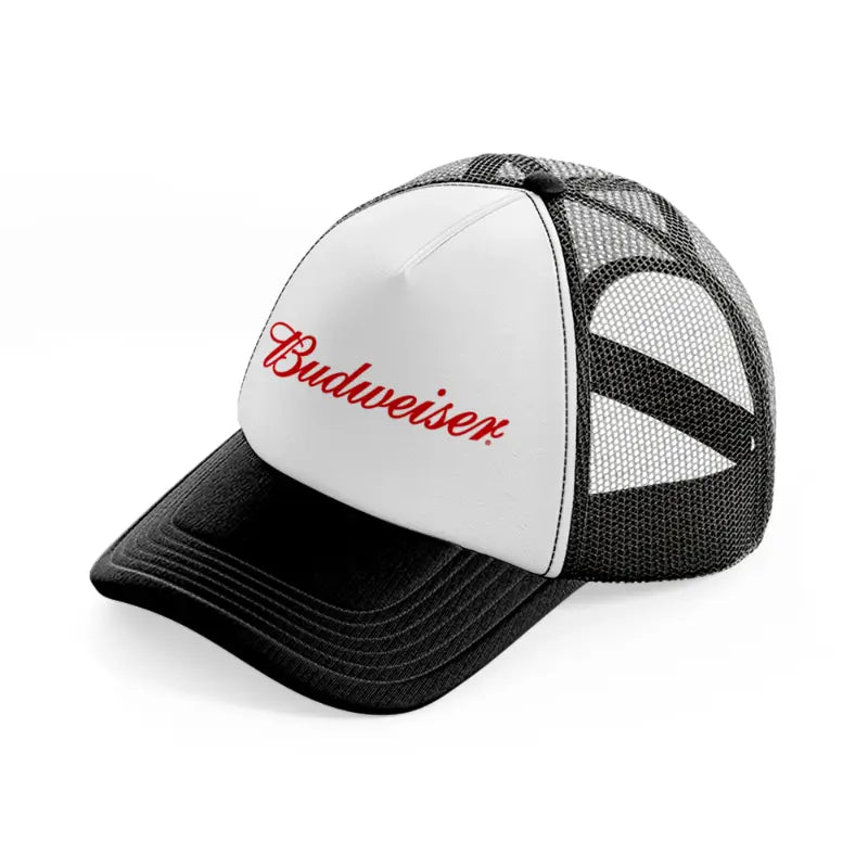 budweiser font black and white trucker hat