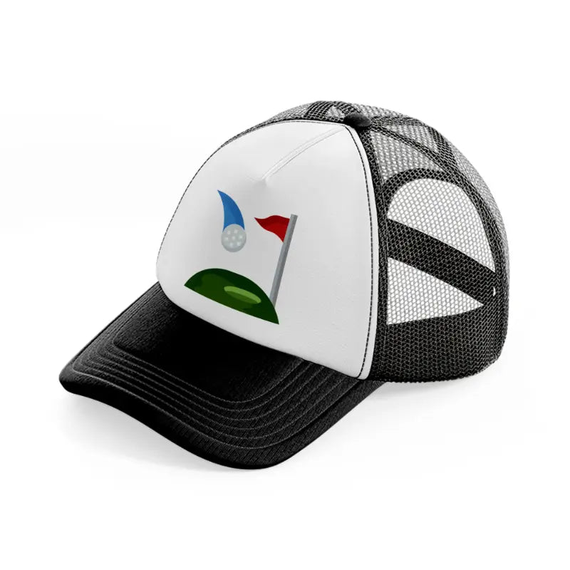 golfing cartoon-black-and-white-trucker-hat