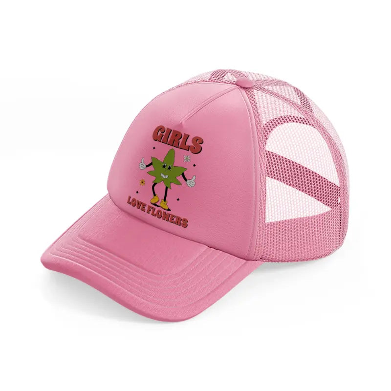 retro groovy 70s cannabis leaf character-pink-trucker-hat