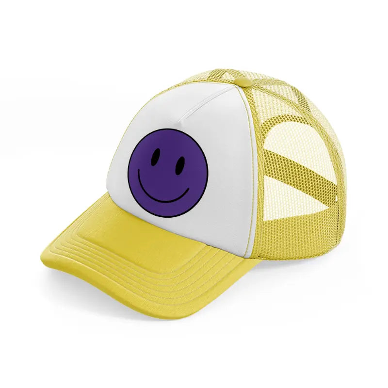 happy face purple yellow trucker hat