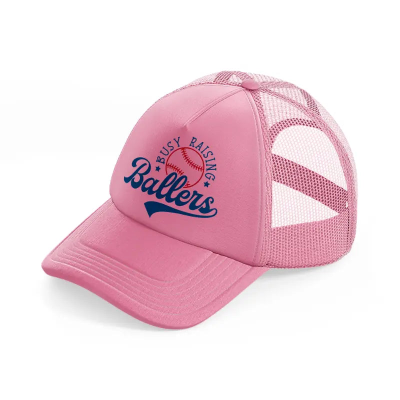 busy raising ballers sticker pink trucker hat