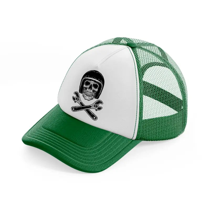 dark skull with helmet art green and white trucker hat