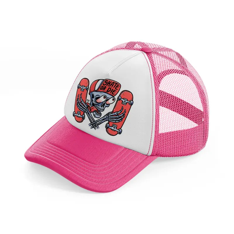 skull is holding a skateboard-neon-pink-trucker-hat