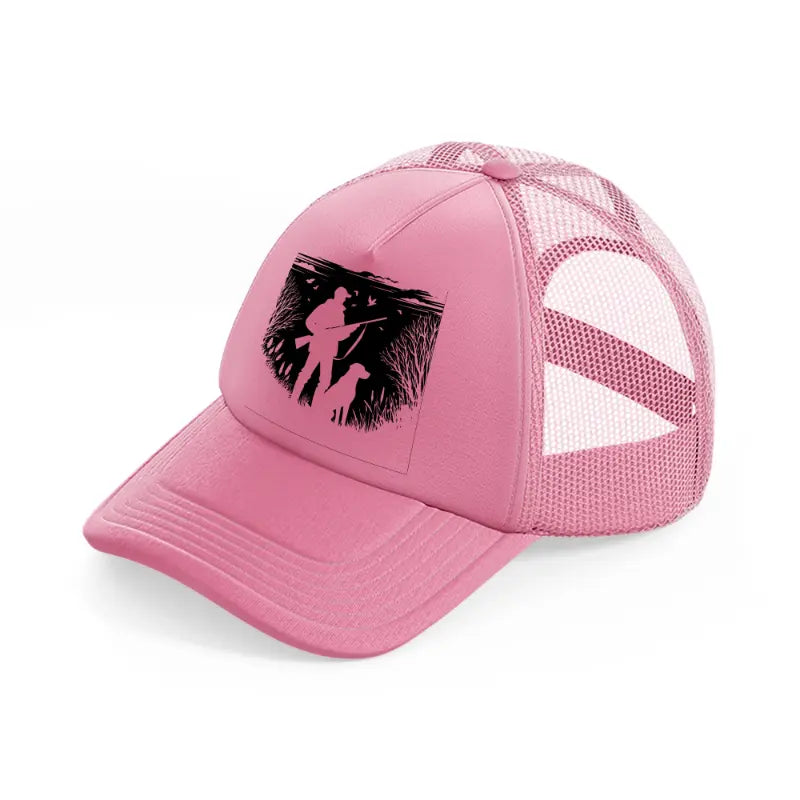 hunter with dog-pink-trucker-hat