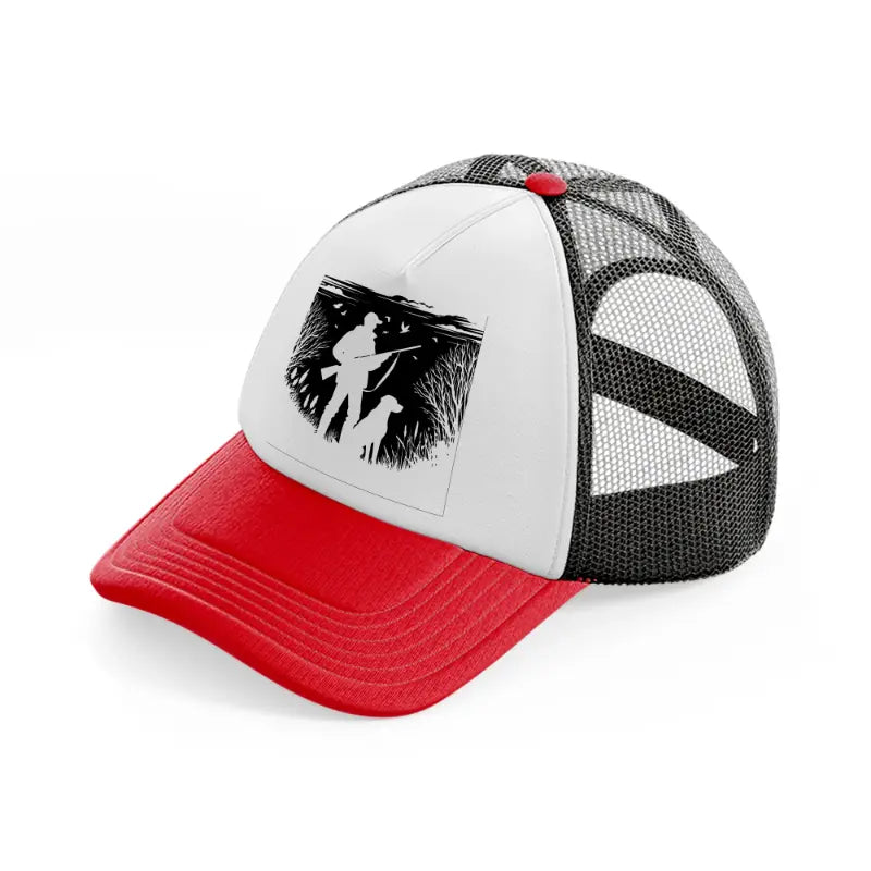 hunter with dog-red-and-black-trucker-hat