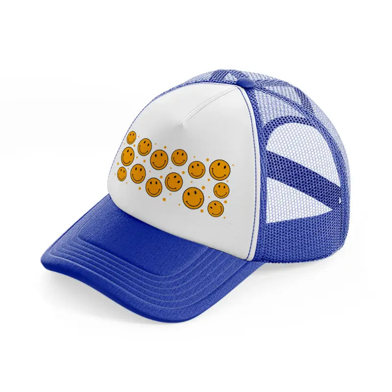 yellow smilies-blue-and-white-trucker-hat