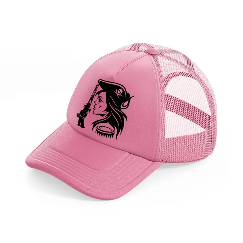 lady with gun-pink-trucker-hat