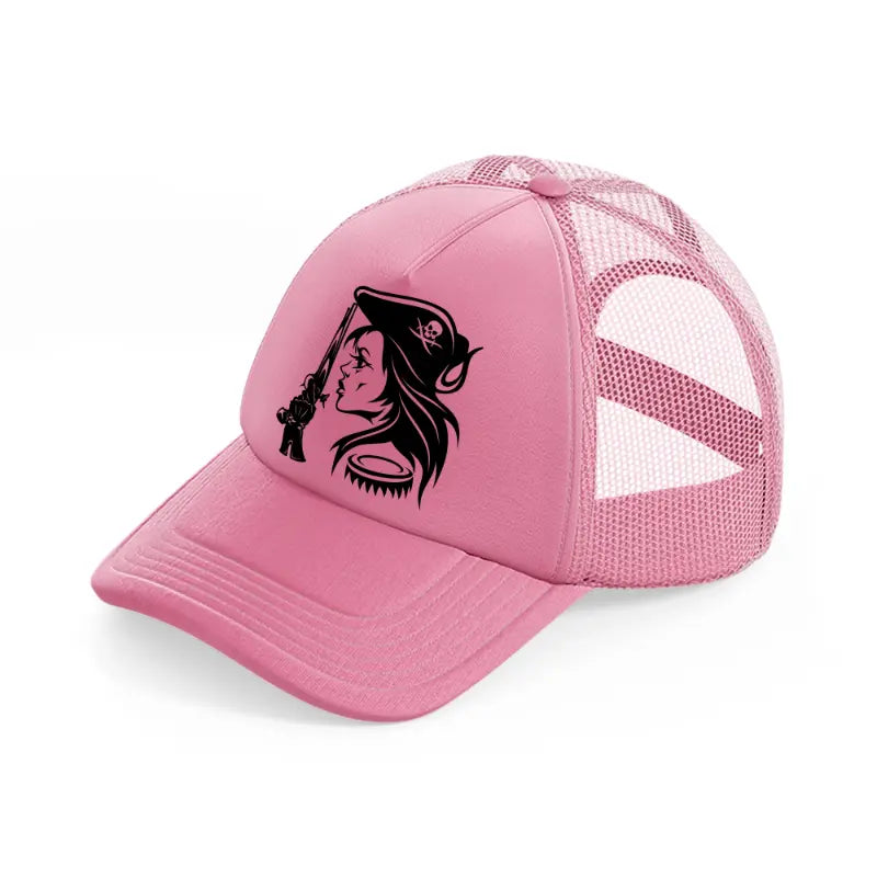 lady with gun pink trucker hat