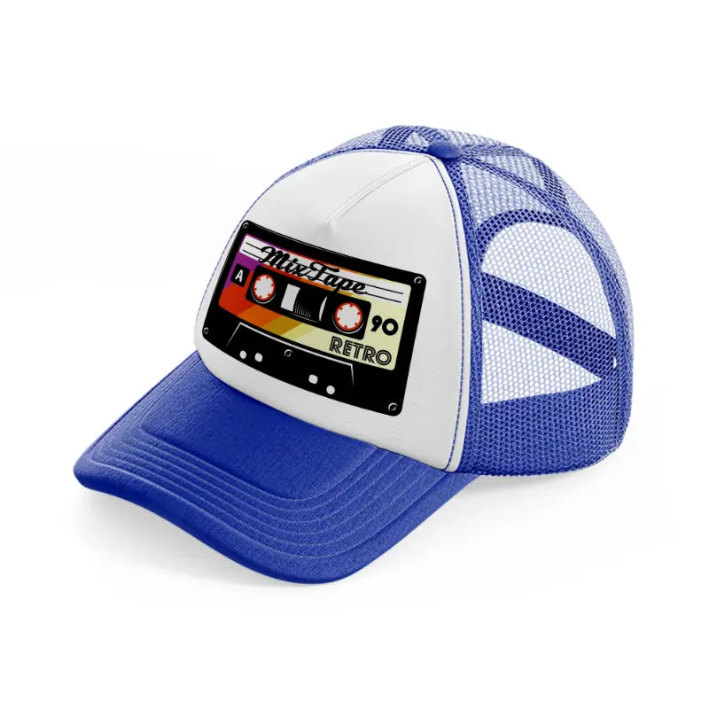 cassette tapes blue and white trucker hat