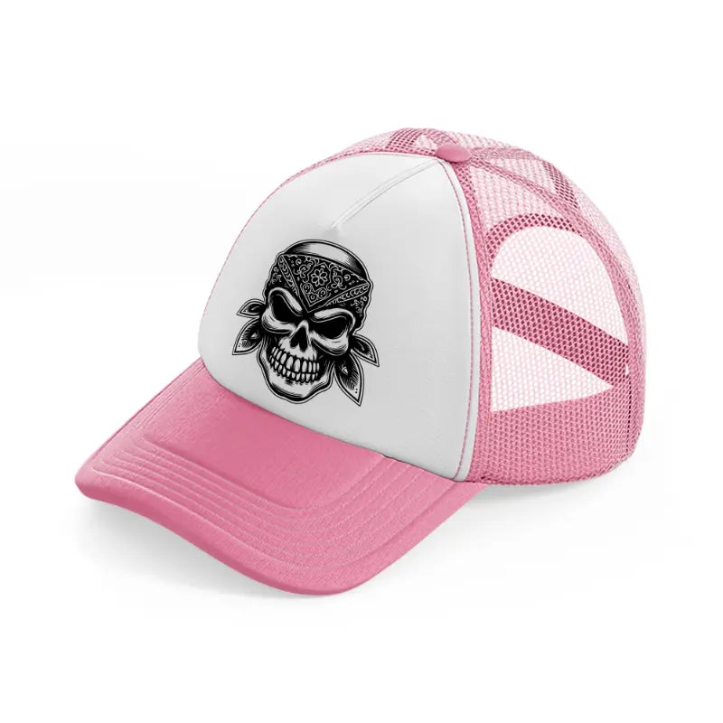 bandana skull head-pink-and-white-trucker-hat