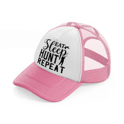 eat sleep hunt repeat-pink-and-white-trucker-hat