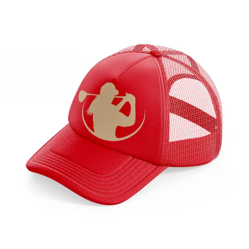 golf woman-red-trucker-hat