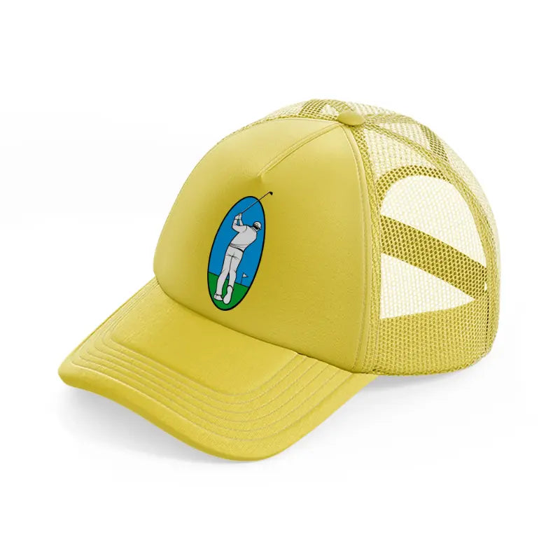 golfer taking shot gold trucker hat