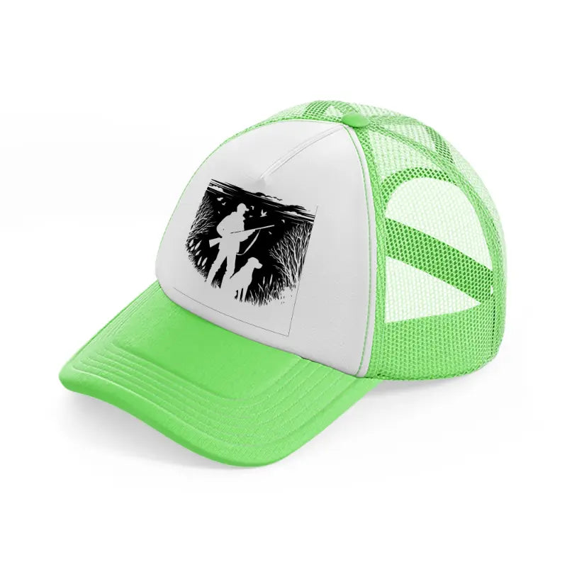 hunter with dog-lime-green-trucker-hat