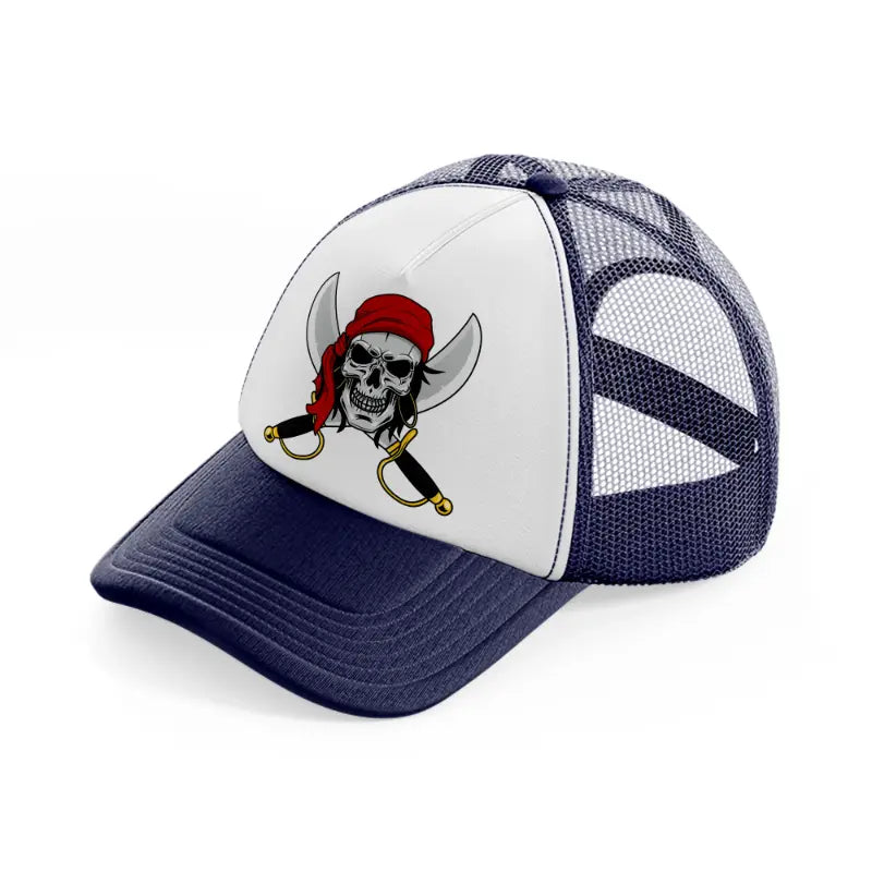 pirates skull mascot machete-navy-blue-and-white-trucker-hat