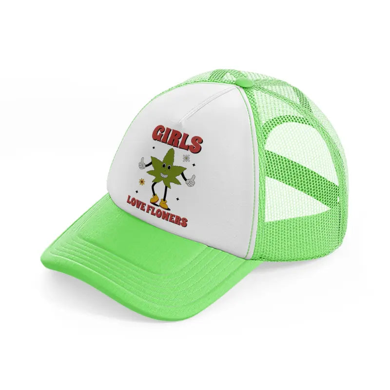 retro groovy 70s cannabis leaf character-lime-green-trucker-hat