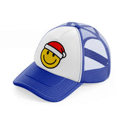 happy face with santa hat blue and white trucker hat