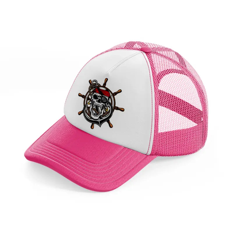 pirates skull mascot wheel-neon-pink-trucker-hat