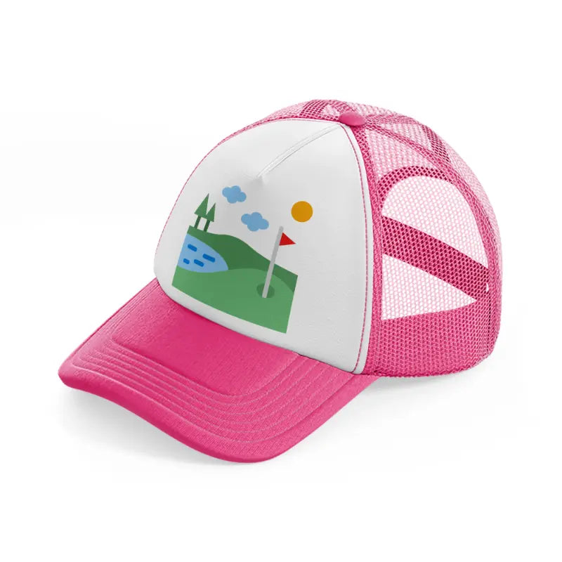 golf field river-neon-pink-trucker-hat