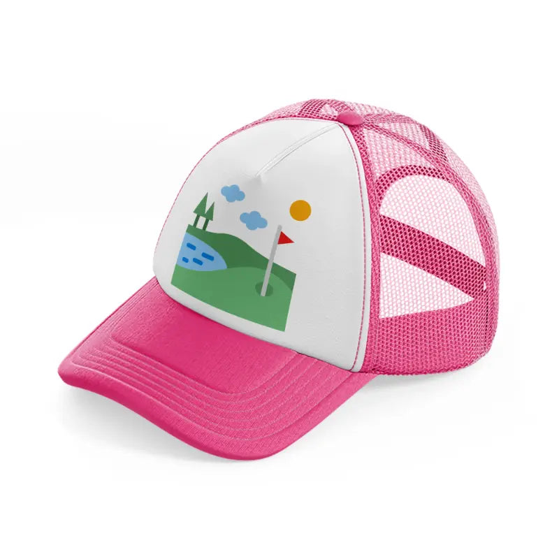 golf field river neon pink trucker hat