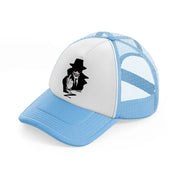 man with hat sky blue trucker hat