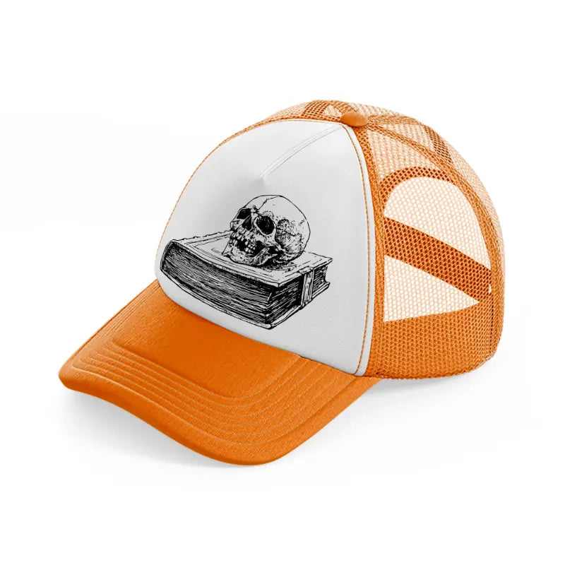 skull in book-orange-trucker-hat