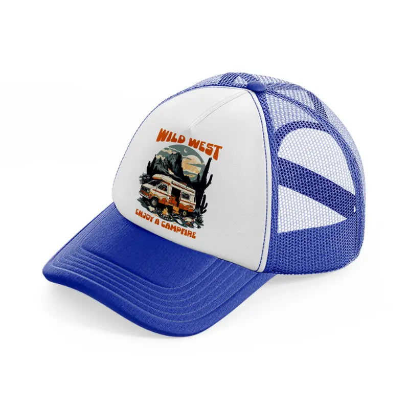 wild west enjoy a campfire-blue-and-white-trucker-hat