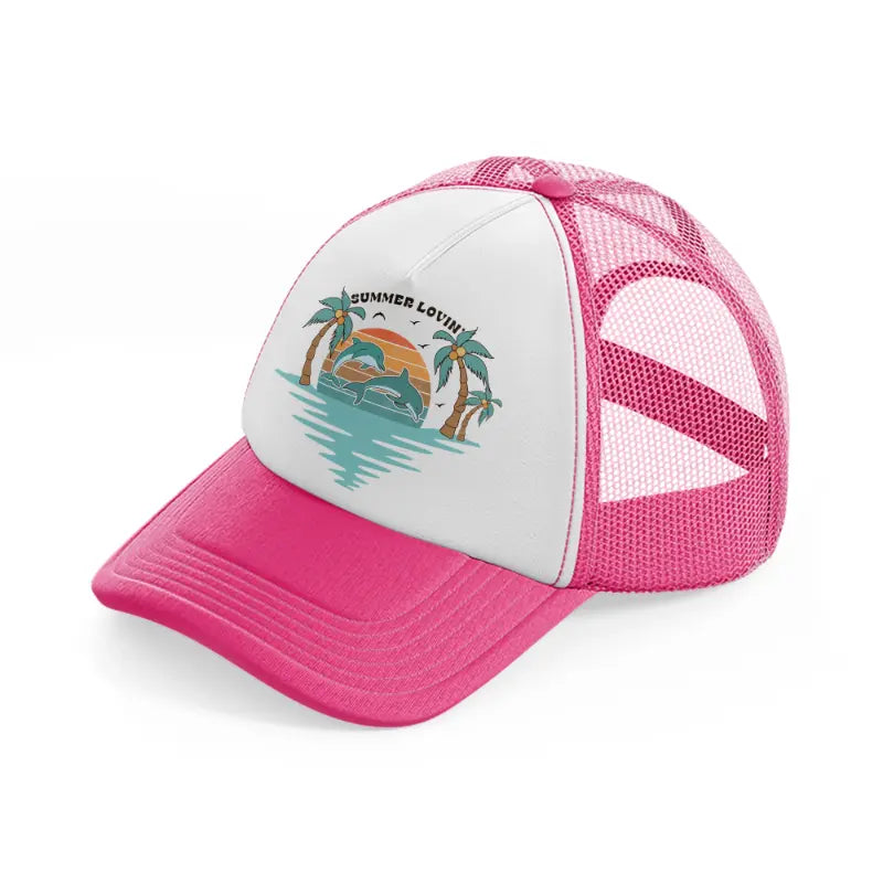summer lovin dolphins-neon-pink-trucker-hat