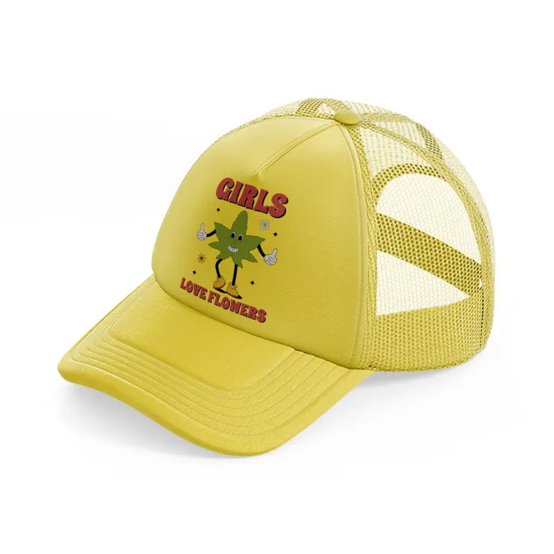 retro groovy 70s cannabis leaf character-gold-trucker-hat