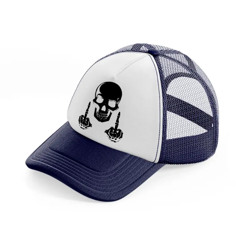 skull head middle finger-navy-blue-and-white-trucker-hat