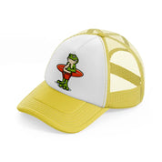 frog holding surf board-yellow-trucker-hat